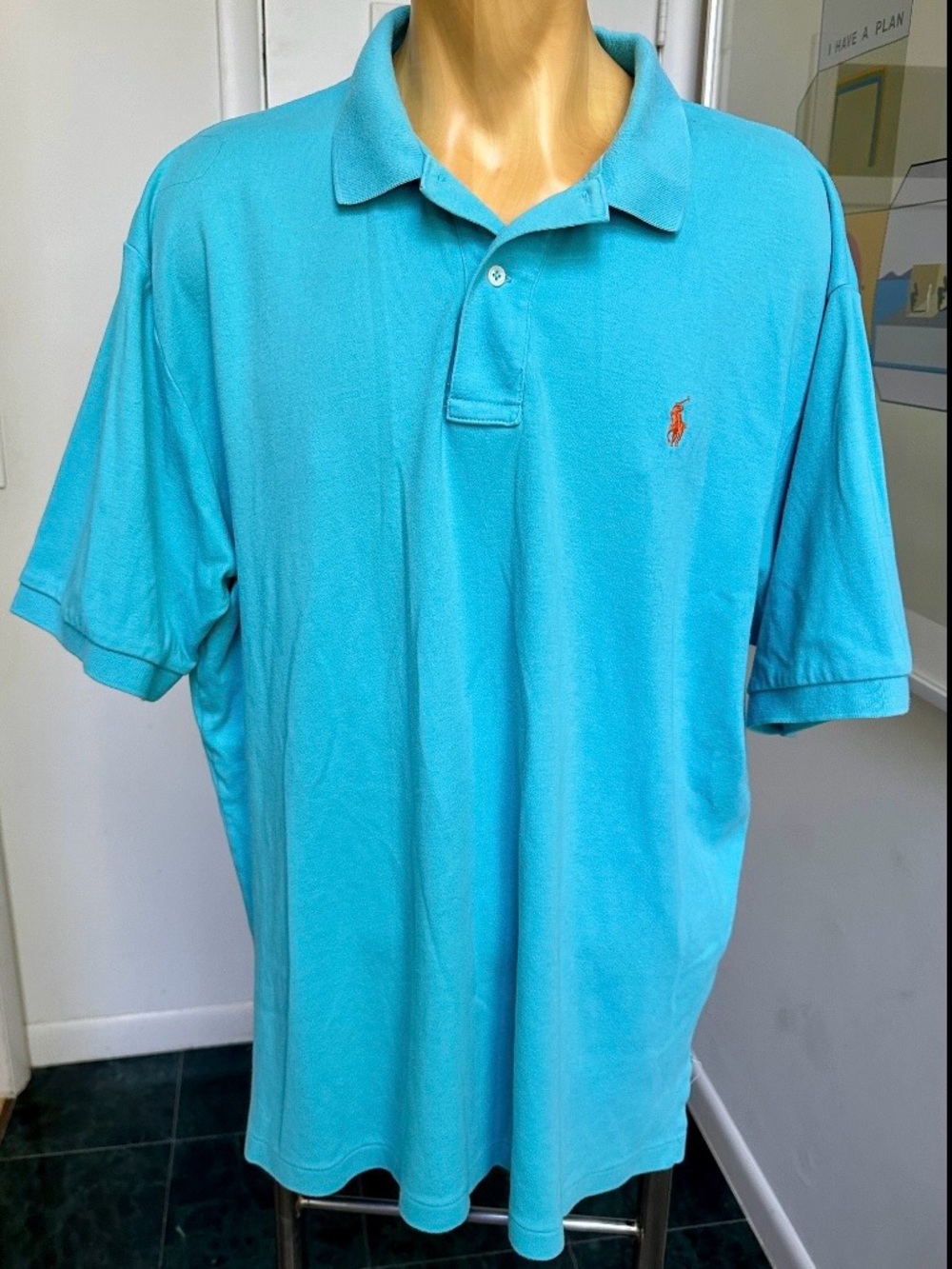 MENS POLO RALPH LAUREN AQUA BLUE 100% COTTON KNIT COLLARED SHIRT ORANGE LOGO XXL